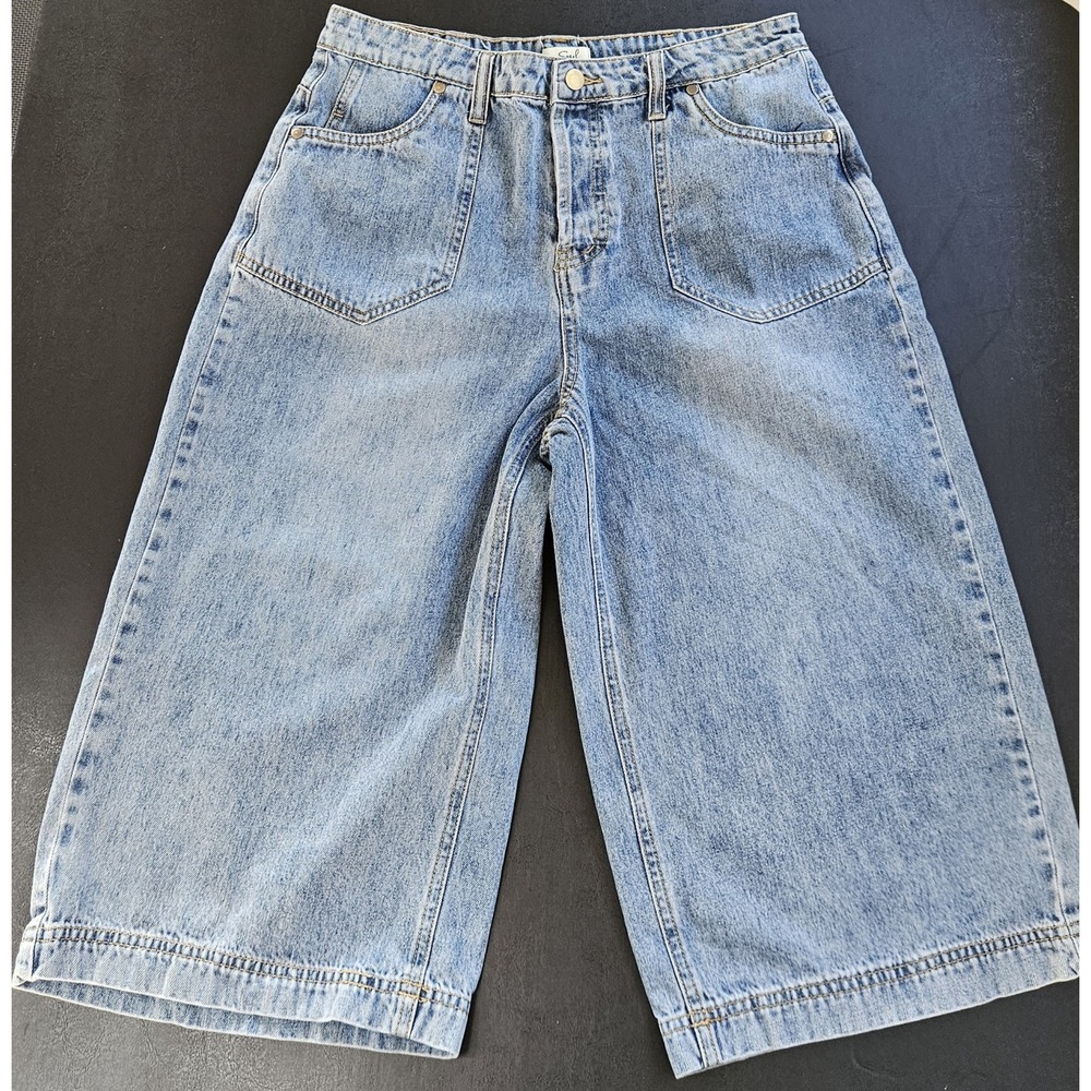 Easel Womens L Denim Long Shorts/Cropped Capri Wide Leg Button Fly Gaucho Y2K
